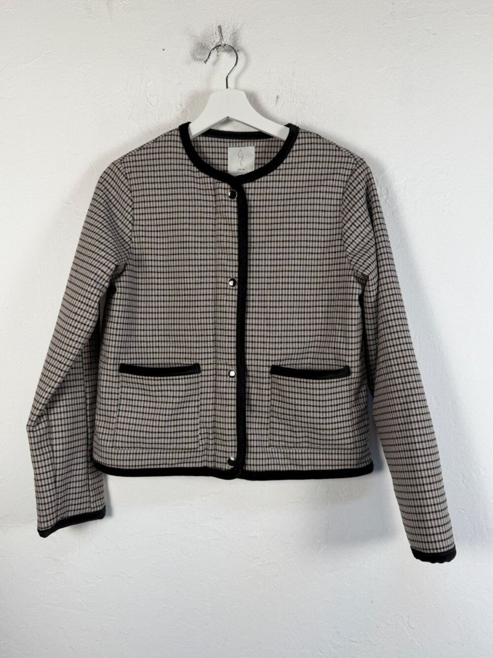 Joie Ice Taupe Mini Check Crewneck Lady Jacket Blazer Black Brown Velvet Trim XS
